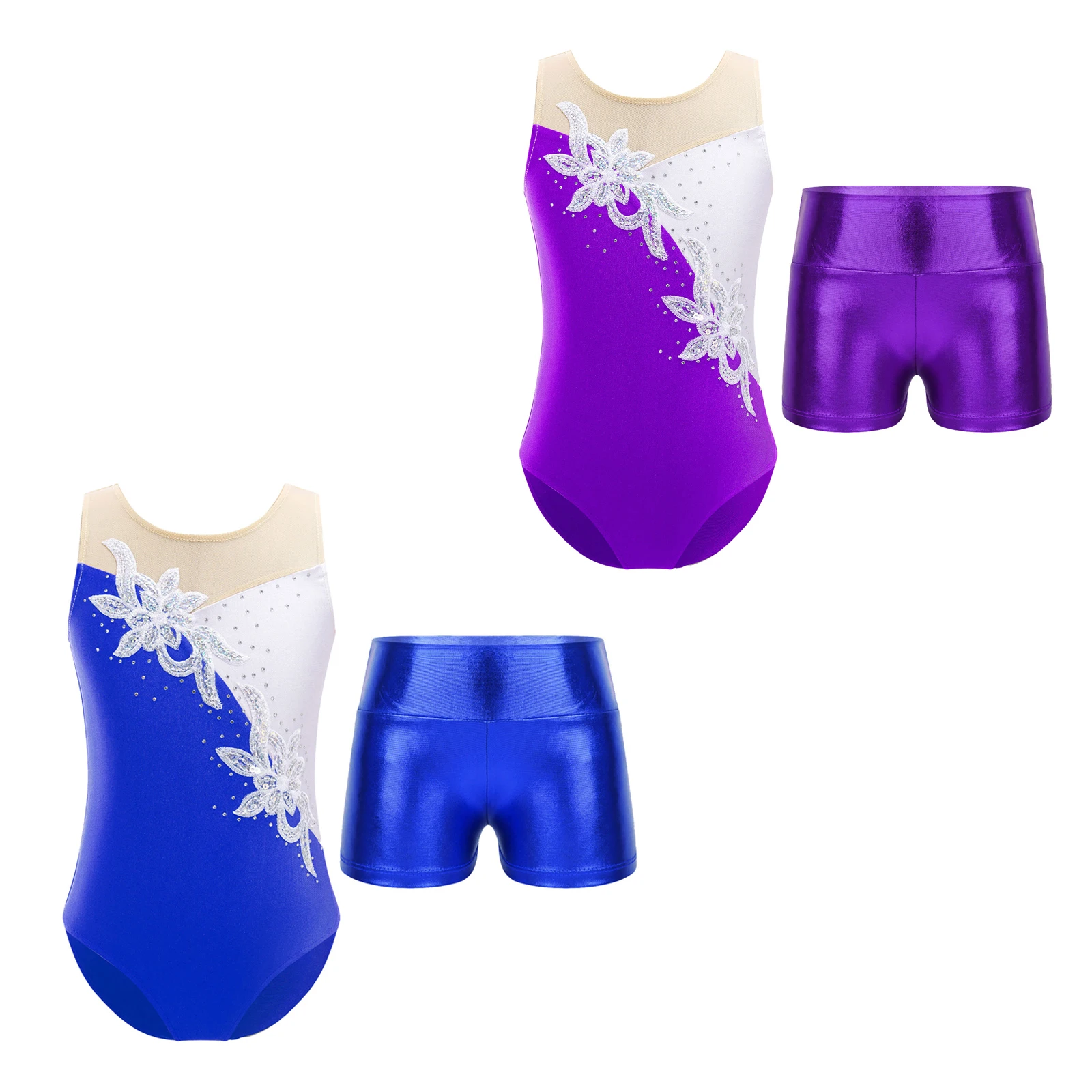 Kids Girls Ballet Dance Gymnastic Leotard Shiny Sequin Sleeveless Mesh Bodysuit and Shorts Outfit for Figure Skating Performance
Kids Girls Ballet Dance Gymnastic Leotard Shiny Sequin Sleeveless Mesh Bodysuit and Shorts Outfit for Figure Skating Performance