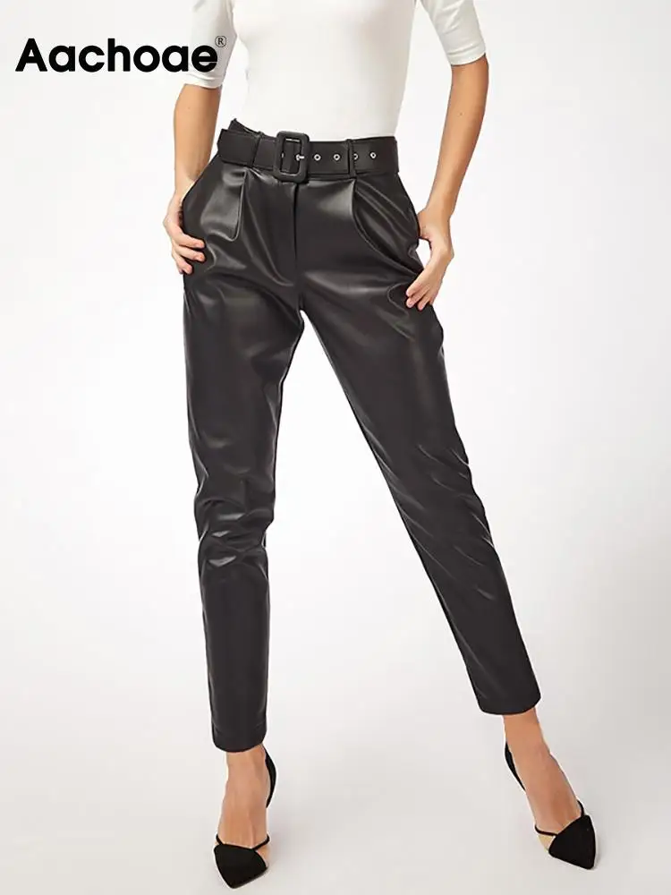 

Aachoae Women Black Faux Leather Pants With Belt High Waist Pants Sashes Pockets Office Ladies Pu Leather Long Harem Trousers