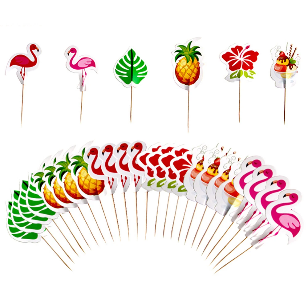 

24/48Pcs Hawaiian Cupcake Toppers Flamingo Pineapple Palm Leaves Toothpicks Tropical Summer Beach Birthday Party Cake Decoration