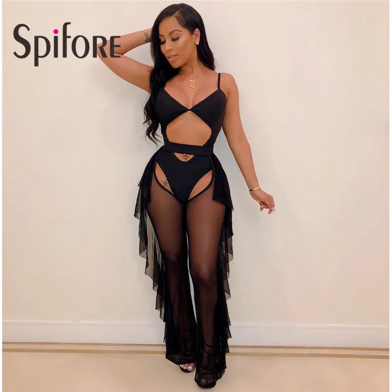 

Spifore Sexy See Through Mesh Two Piece Bikinis Set Summer Cut Out Beach Holiday Women Swimsuits Ruffles High Waist Cover Ups