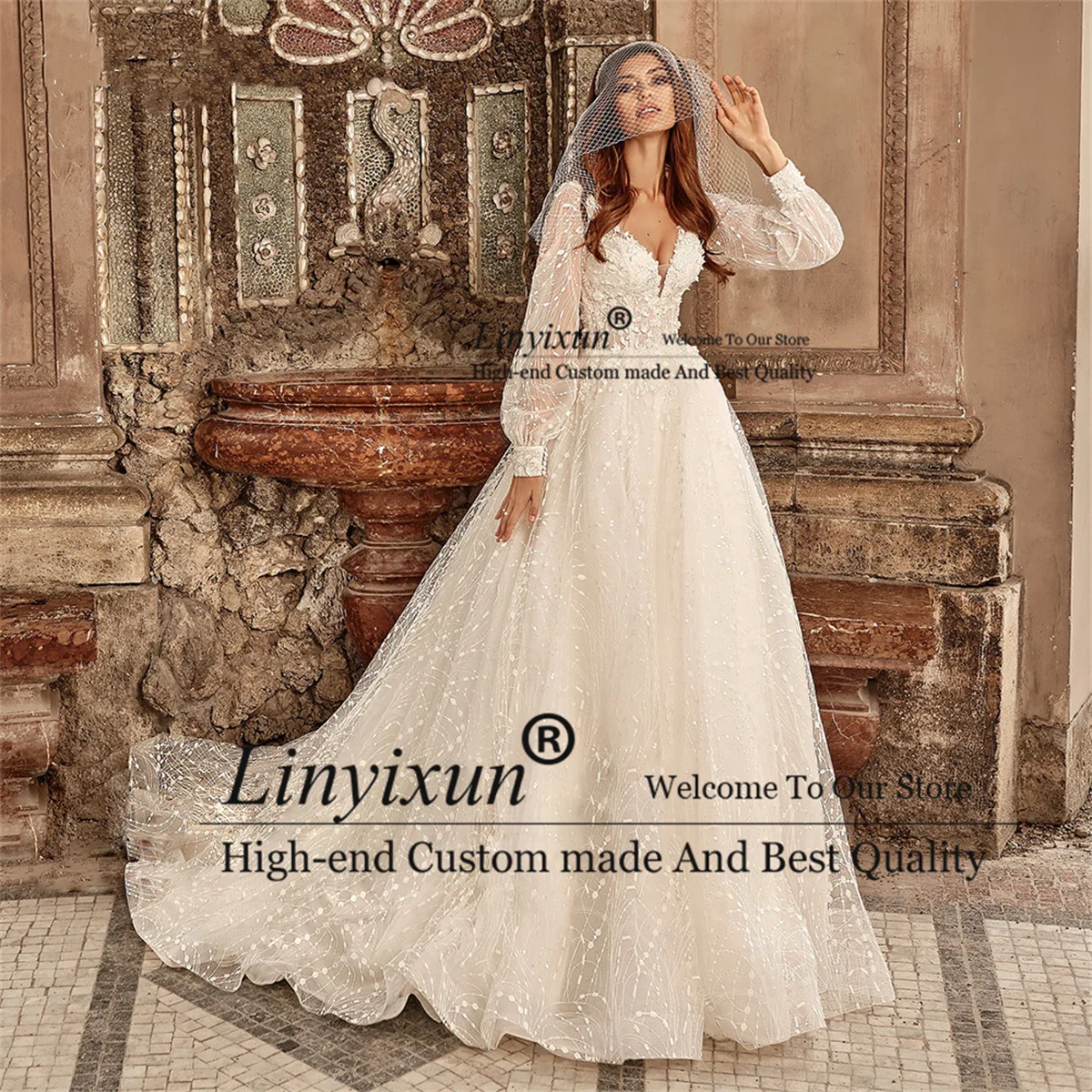 Luxury A Line Wedding Dresses Appliques Beaded V Neck Long Sleeve Lace Bridal Gowns Boho Button Court Train Vestidos de novia
Luxury A Line Wedding Dresses Appliques Beaded V Neck Long Sleeve Lace Bridal Gowns Boho Button Court Train Vestidos de novia
