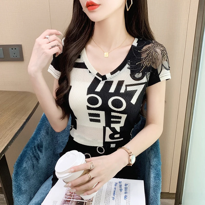 2022 summer women's shirts letters print Houndstooth t-shirts female clothing lace stitch short sleeve tees ladies sexy mesh top
2022 summer women's shirts letters print Houndstooth t-shirts female clothing lace stitch short sleeve tees ladies sexy mesh top