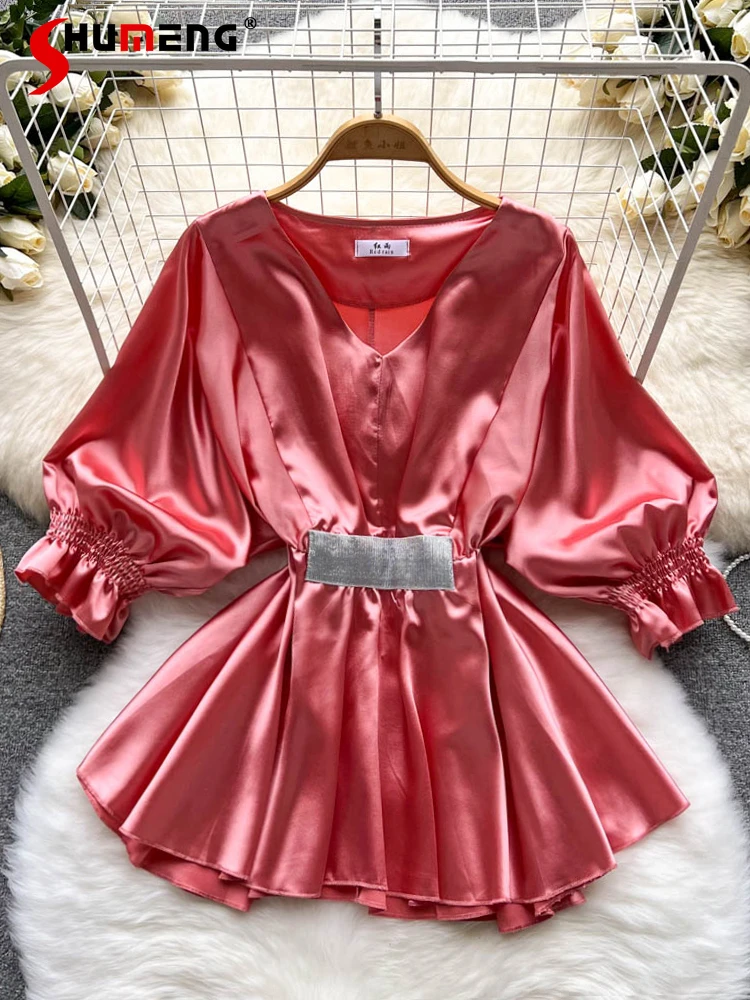 Solid Color Satin Shirt Women's Spring Autumn Court Style Puff Sleeve Midi Blouse Elegant V-neck Cinched Peplum Slimming Top
Solid Color Satin Shirt Women's Spring Autumn Court Style Puff Sleeve Midi Blouse Elegant V-neck Cinched Peplum Slimming Top