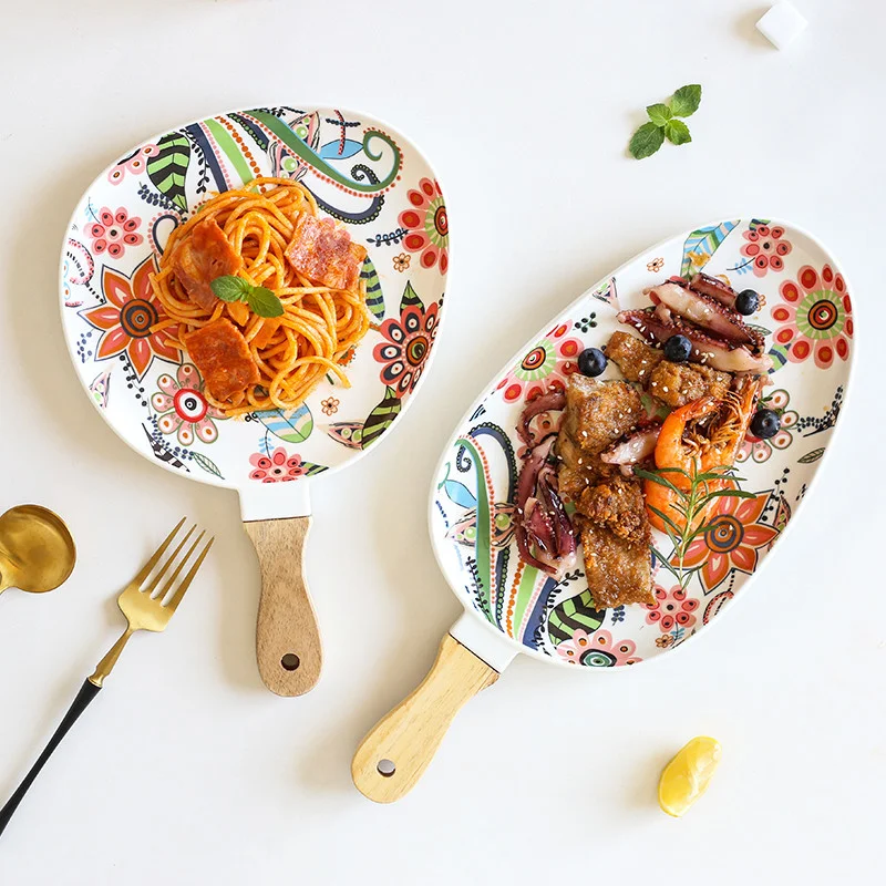 Ceramic Dish Steak Salad Tray With Wooden Handle Home Decoration Dinner Plates Christmas Flat Plate Oval Dishes Tableware
Ceramic Dish Steak Salad Tray With Wooden Handle Home Decoration Dinner Plates Christmas Flat Plate Oval Dishes Tableware