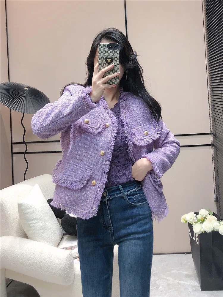 

Raw Hem Korean Jacket For Women Round Neck Long Sleeve Tweed Solid Fashion Jackets Female Clothing 2023 Style New