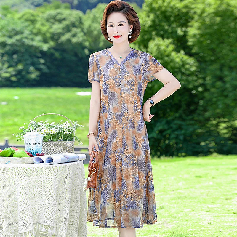 2023 Middle-aged and elderly dress women summer 40-year-old Flower printed dress casual mid-length dress mid-length Vestidos
2023 Middle-aged and elderly dress women summer 40-year-old Flower printed dress casual mid-length dress mid-length Vestidos
