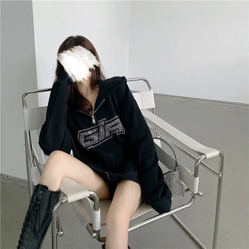 Осенне-зимний наряд Y2K, модная женская Толстовка Оверсайз на молнии, винтажная однотонная Черная Толстовка с длинным рукавом и надписью для ...