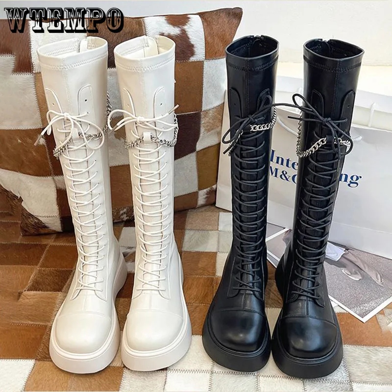 

Long Boots Women Black Leather Boot Chain Knight Boots British Style Bandage Thigh High Martin Boots Autumn Dropshipping