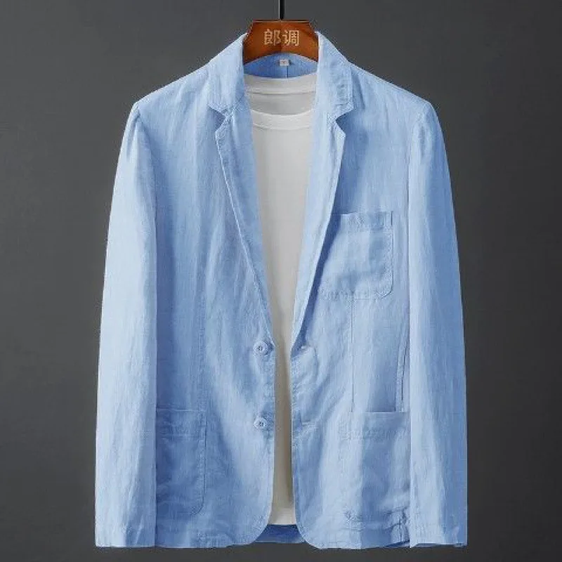 

Пиджак мужской тонкий, повседневный жакет, хлопковый однотонный приталенный пиджак, из льна, дышащий, белый деловой костюм, весна-лето 2022