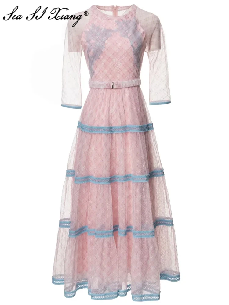 Женское Сетчатое платье с поясом, круглым вырезом и коротким рукавом
Женское Сетчатое платье с поясом, круглым вырезом и коротким рукавом