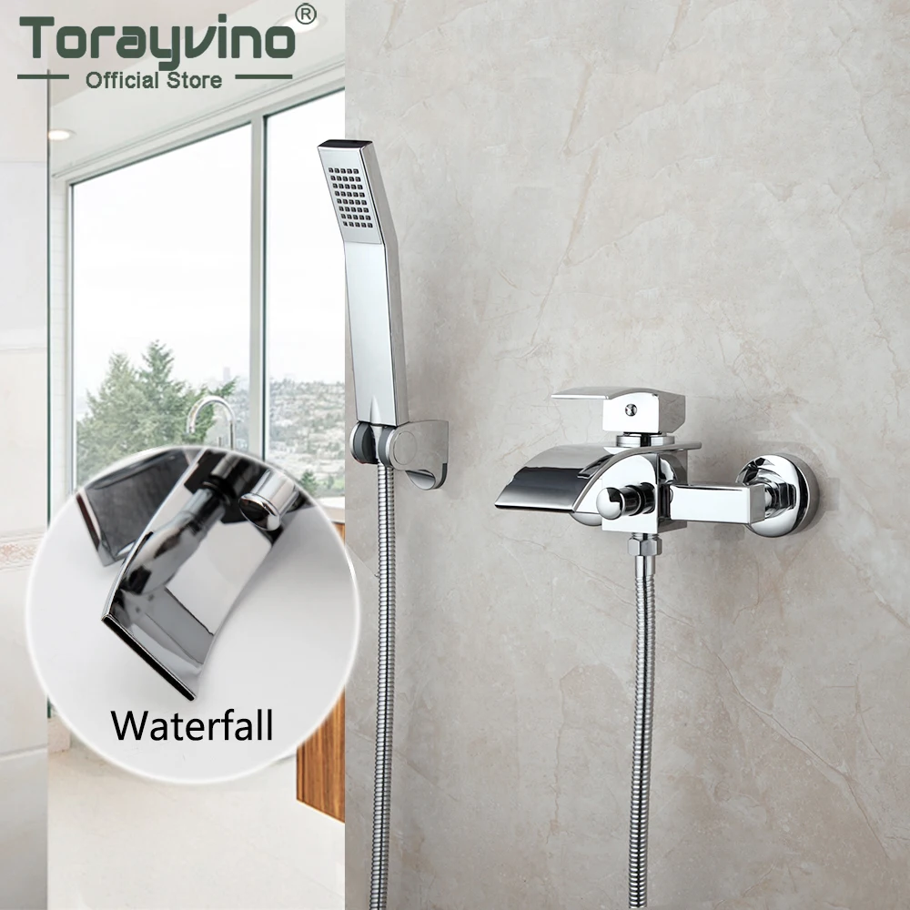 

Torayvino Luxury Chrome Polished Bathroom Bath Faucet Wall Mounted Bathtub Faucets Waterfall Spout With Handle Shower Head Set