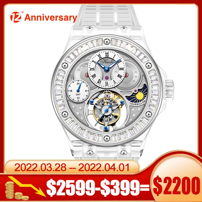 HAOFA 2101-1 Luxury Tourbillon Watch Skeleton Watch GMT 24hours Second Day Night Dial K9 Crystal Case Sapphire Rubber Strap
HAOFA 2101-1 Luxury Tourbillon Watch Skeleton Watch GMT 24hours Second Day Night Dial K9 Crystal Case Sapphire Rubber Strap
