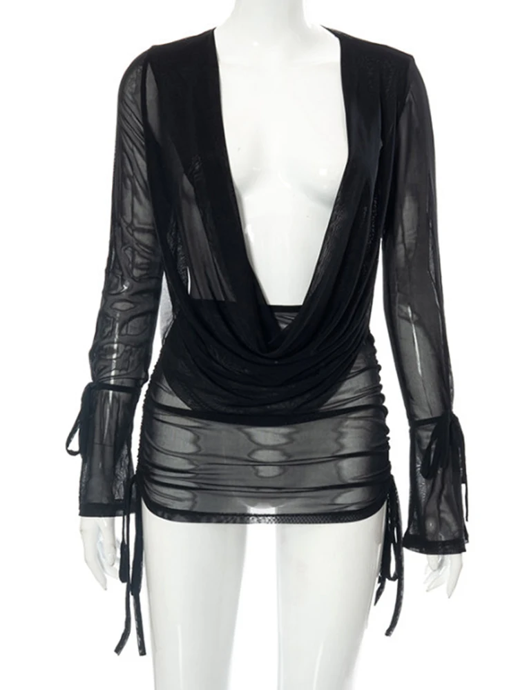 Прозрачный сетчатый комплект из двух предметов, Женская юбка, однотонный пикантный Топ с длинным рукавом и V-образным вырезом, облегающее Ба... 
Прозрачный сетчатый комплект из двух предметов, Женская юбка, однотонный пикантный Топ с длинным рукавом и V-образным вырезом, облегающее Ба...