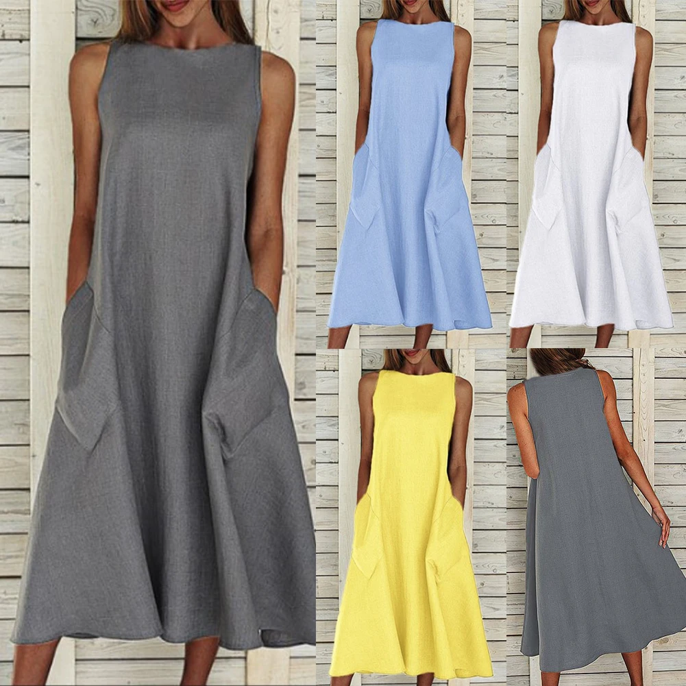 Summer Vintage Dress Women Sleeveless Solid Color O Neck Pockets Large Hem Casual Long Loose Dress Yellow
Summer Vintage Dress Women Sleeveless Solid Color O Neck Pockets Large Hem Casual Long Loose Dress Yellow
