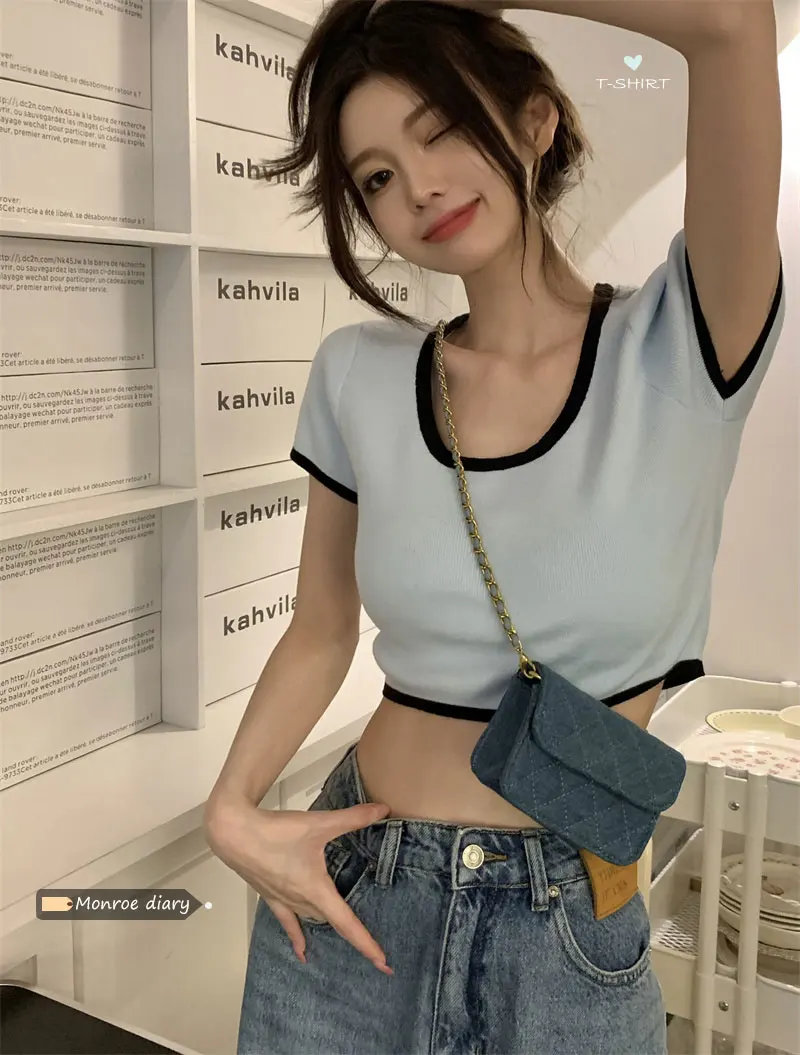 French sweet and spicy girls short high waist short sleeve straight shoulder T-shirt women's summer design U-neck small and larg
French sweet and spicy girls short high waist short sleeve straight shoulder T-shirt women's summer design U-neck small and larg