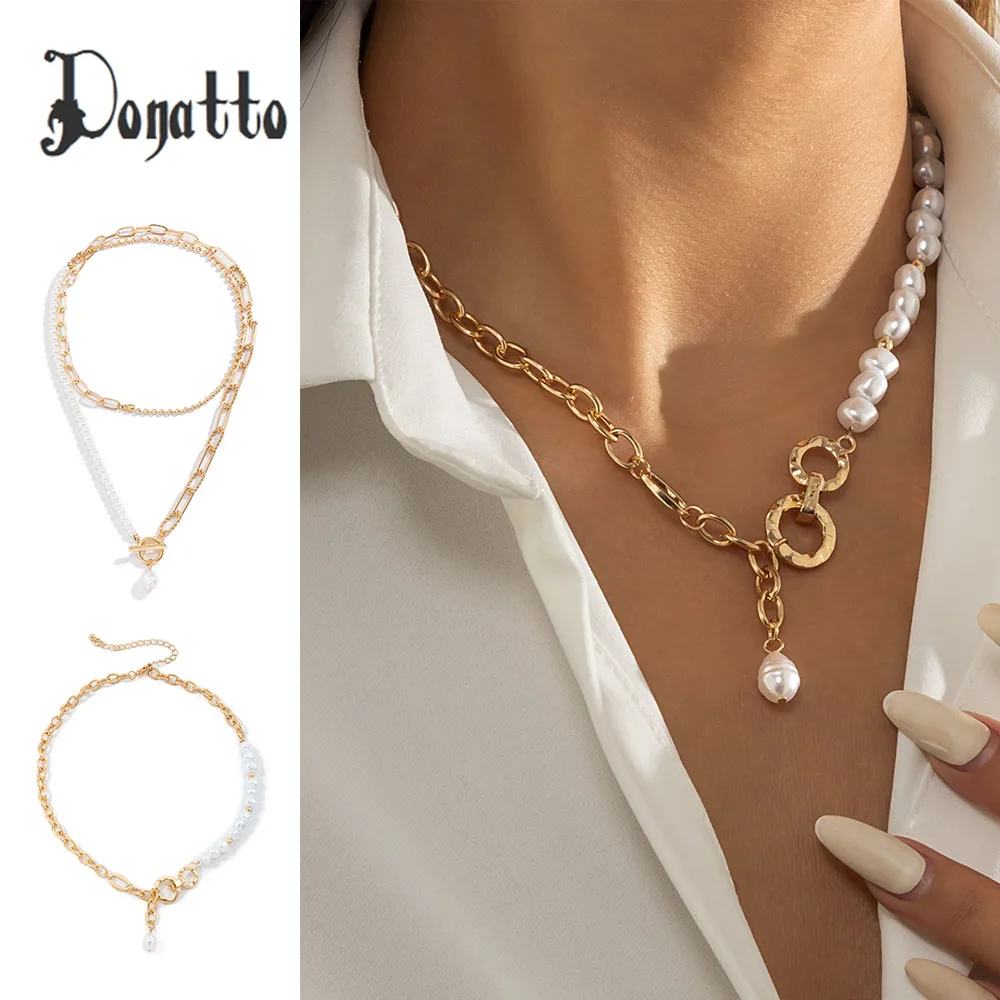 

DONATTO Necklace for Women Vintage Baroque Imitation Pearls Buckle Pendant Wedding Bridal Bead Chain Neck Accessories Jewelry