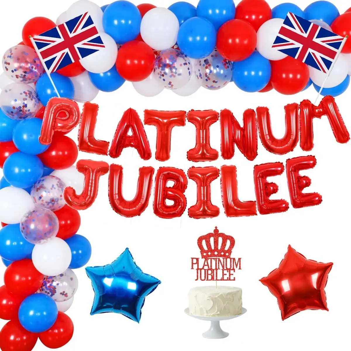 

SURSURPIRSE Queens Platinum Jubilee Party Decorations Balloon Garland Arch Kit Banner British Bunting Cake Topper Union Jack