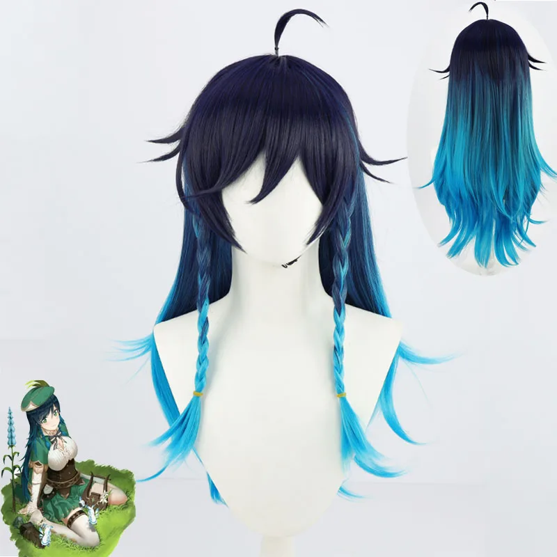 

Парик Game Genshin ударопрочный для косплея Venti, термостойкий синтетический искусственный женский Парик Из синих волос на Хэллоуин, с шапочкой