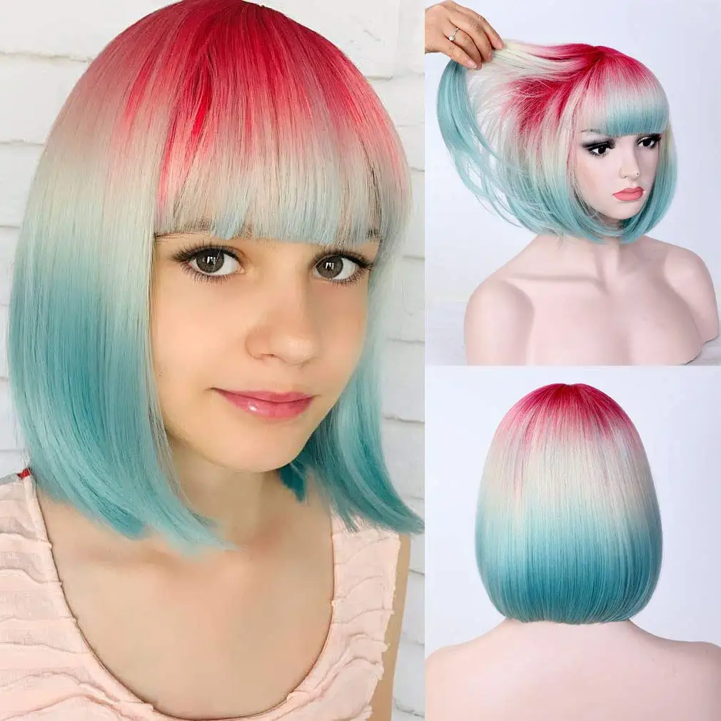 

LANYI Short Bob Wig 12"Straight Colorful Wig with Bangs Synthetic Hair Wig Ombre Cosplay Daily Party For Women Heat Resistant