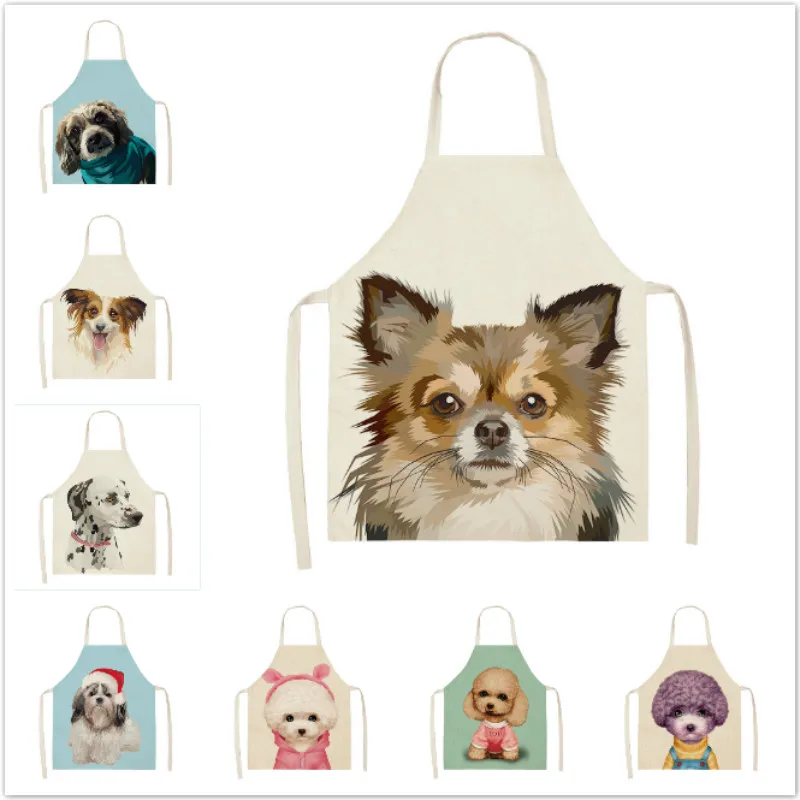 

1Pc Kitchen Apron Sketch Wearing Pug Pet Dog Cat Printed Sleeveless Cotton Linen Aprons for Men Women Home Cleaning Tools 2 Size