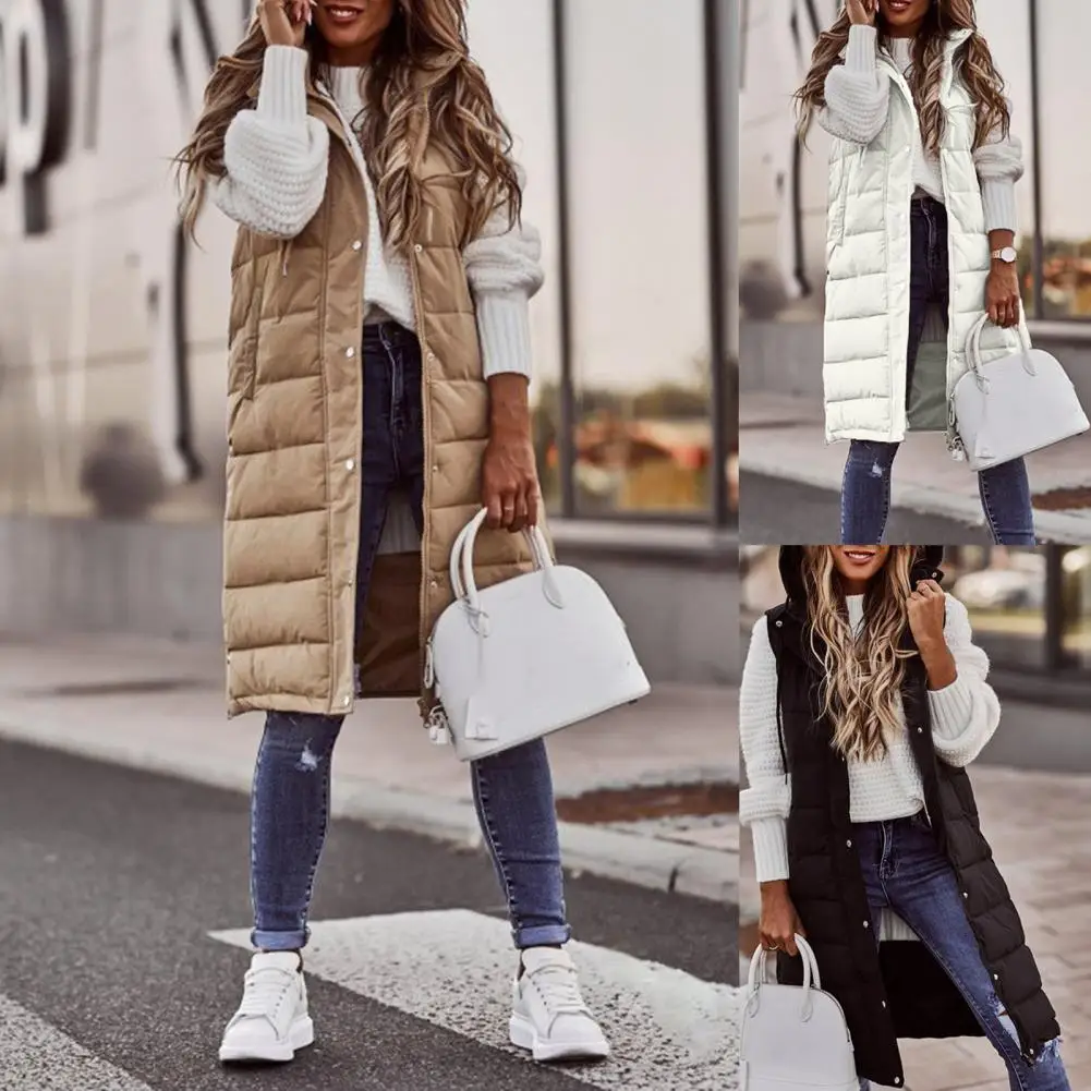 

Women's Long Winter Coat Vest With Hood Sleeveless Warm Down Coat With Pockets Quilted Vest Down Jacket Outdoor Jacket Hot Sales