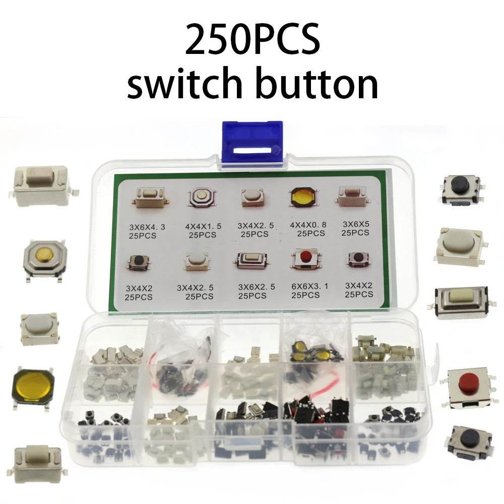 

250Pcs/Box 10 Models Car Remote Control Key Touch Switches Micro Momentary Tact Tactile Push Button Switch Assortment Kit