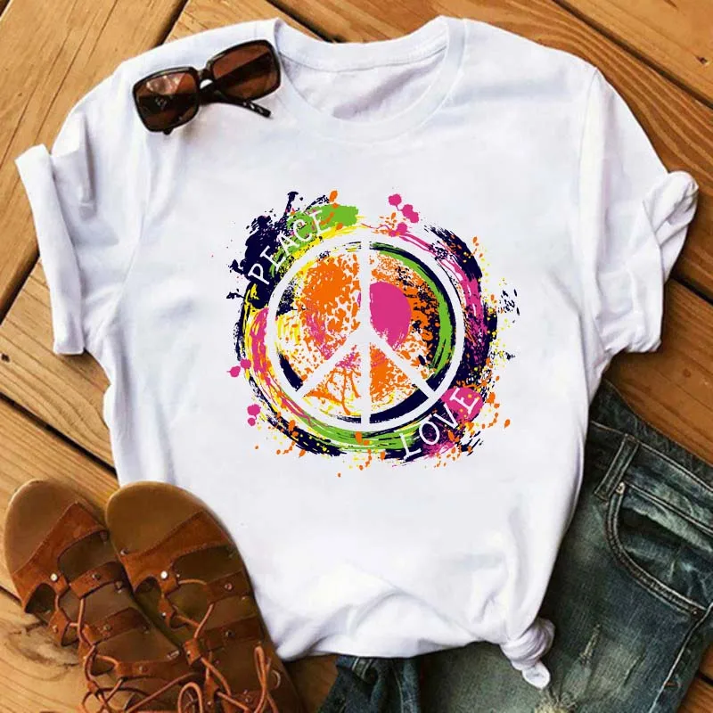 Футболка Peace Love Женская с коротким рукавом, Повседневная рубашка для отдыха, женская одежда
Футболка Peace Love Женская с коротким рукавом, Повседневная рубашка для отдыха, женская одежда