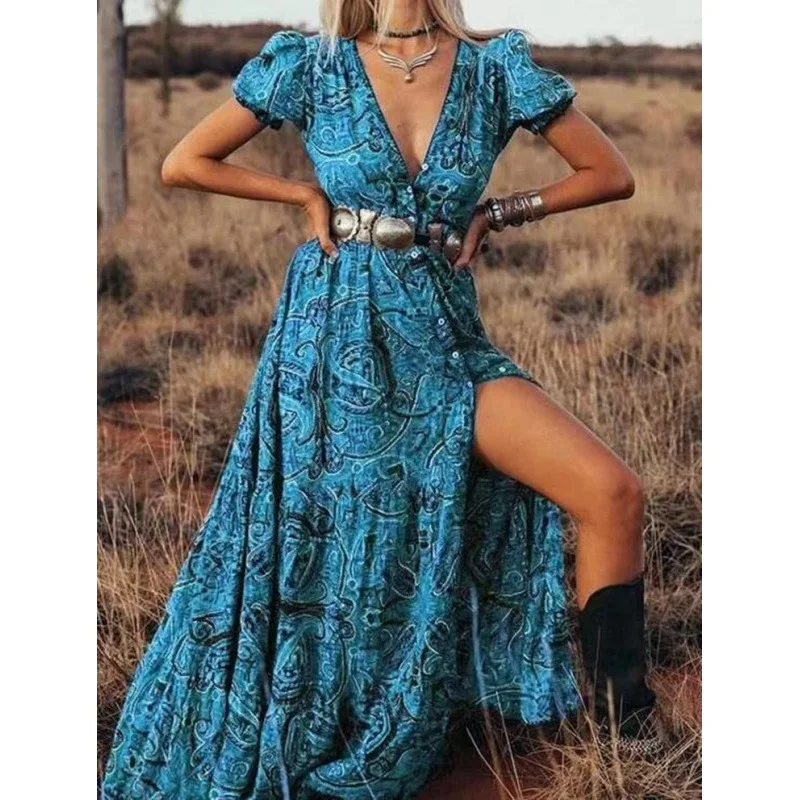 Женское длинное платье в стиле бохо, винтажное шифоновое платье с V-образным вырезом и цветочным принтом, с рукавом три четверти, в стиле хиппи, лето 2022 
Женское длинное платье в стиле бохо, винтажное шифоновое платье с V-образным вырезом и цветочным принтом, с рукавом три четверти, в стиле хиппи, лето 2022