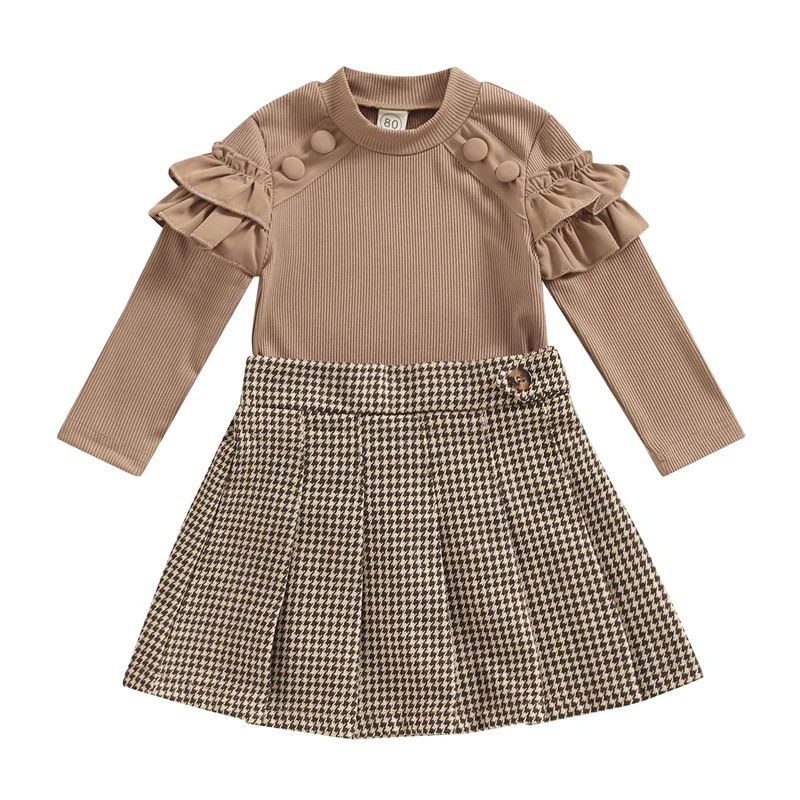 Toddler Girls Outfit Sets Spring Autumn Brown Long Sleeve Ruffle Tops + Houndstooth Print A-line Skirt Infant Baby Clothing
Toddler Girls Outfit Sets Spring Autumn Brown Long Sleeve Ruffle Tops + Houndstooth Print A-line Skirt Infant Baby Clothing