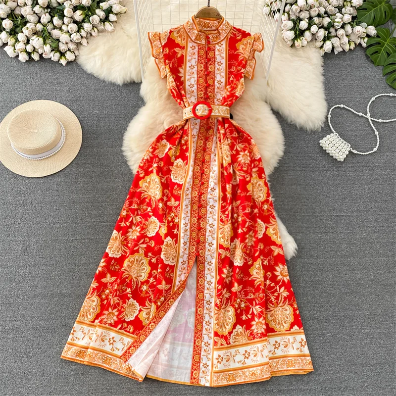 Summer Women Stand-up Collar Sleeveless Dress With Belt Slim Single-breasted Flying Sleeve Elegant Long Dresses Ladies Vestidos
Summer Women Stand-up Collar Sleeveless Dress With Belt Slim Single-breasted Flying Sleeve Elegant Long Dresses Ladies Vestidos