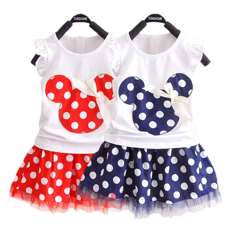 

Summer Baby Girls Minnie Mouse Sleeveless T-shirt+Skirt Clothing Sets Toddler Kids Polka Dots Vest And Shorts 2pcs Clothes Suit