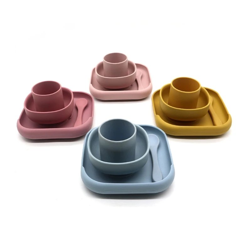 

4 Pcs Baby Silicone Dinner Plate Sucker Bowl Spoon Cup Set Learning Training Feeding Food Utensil Dishes Tableware