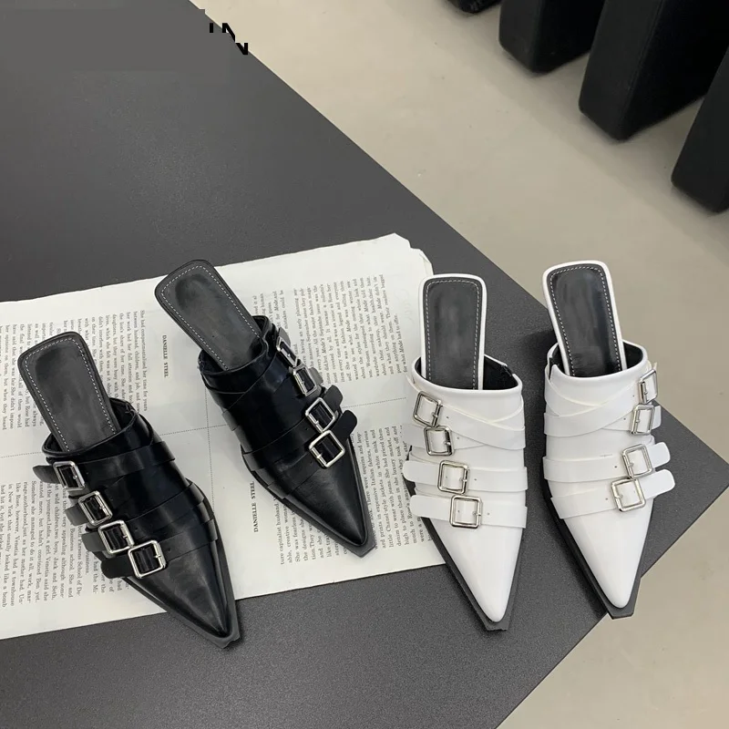 Женские шлепанцы без застежки, уличные сандалии с острым носком и пряжкой, на тонком каблуке, весна 2023
Женские шлепанцы без застежки, уличные сандалии с острым носком и пряжкой, на тонком каблуке, весна 2023