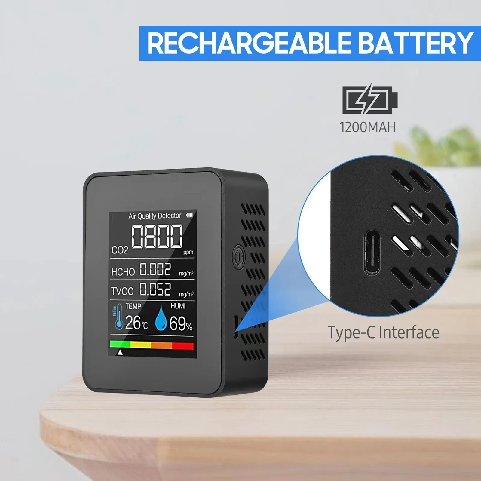 5-in-1 Portable Carbon Dioxide Meter Air Quality Monitoring TVOC HCHO Carbon Dioxide Detector
5-in-1 Portable Carbon Dioxide Meter Air Quality Monitoring TVOC HCHO Carbon Dioxide Detector