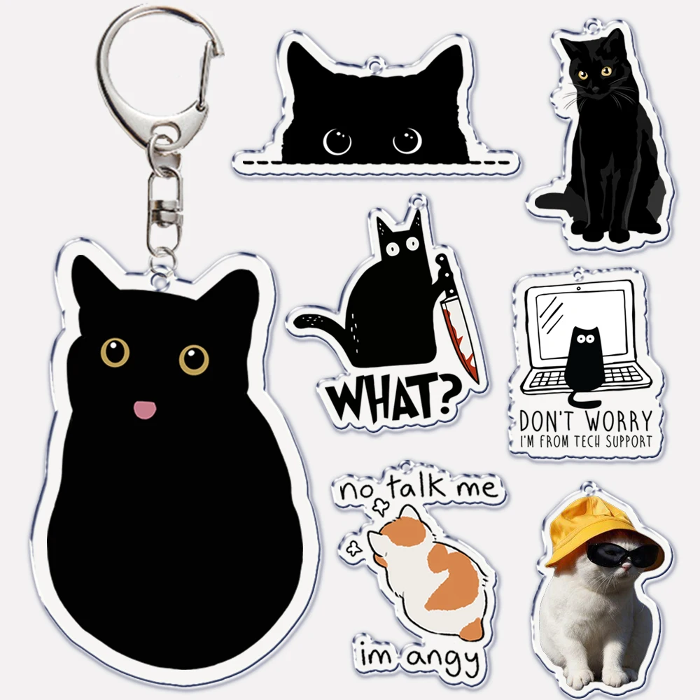 

Cute Black Cat Blep Tongue Acrylic Keychain Not Talk To Me I Am Angry Keyring Key Ring Chains for Bag Pendant Aaccessories Gift