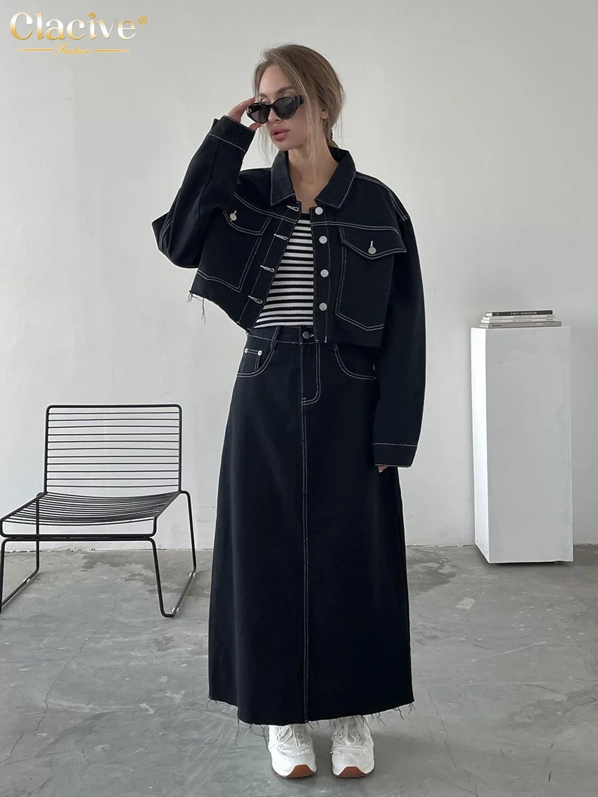 Clacive Winter Black Denim Two Piece Sets Women Outifits Fashion Lapel Long Sleeve Blouse With High Waist Long Skirt Sets Female
Clacive Winter Black Denim Two Piece Sets Women Outifits Fashion Lapel Long Sleeve Blouse With High Waist Long Skirt Sets Female