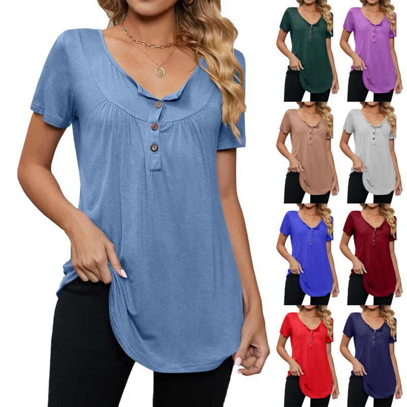 Women's Fashion Casual Summer Clothes V-neck Short Sleeved Tops Ladies Solid Color Shirts Pullover Draw Pleat Button T-Shirt
Women's Fashion Casual Summer Clothes V-neck Short Sleeved Tops Ladies Solid Color Shirts Pullover Draw Pleat Button T-Shirt