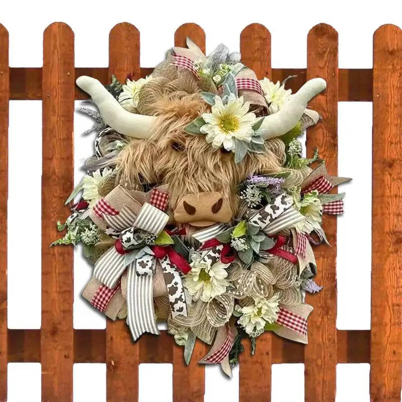 

Highland Cow Wreath Spring Decor Bow Leaves Decorations For Front Porch Wooden Spring Decoration Floral Front Door Wall Window
