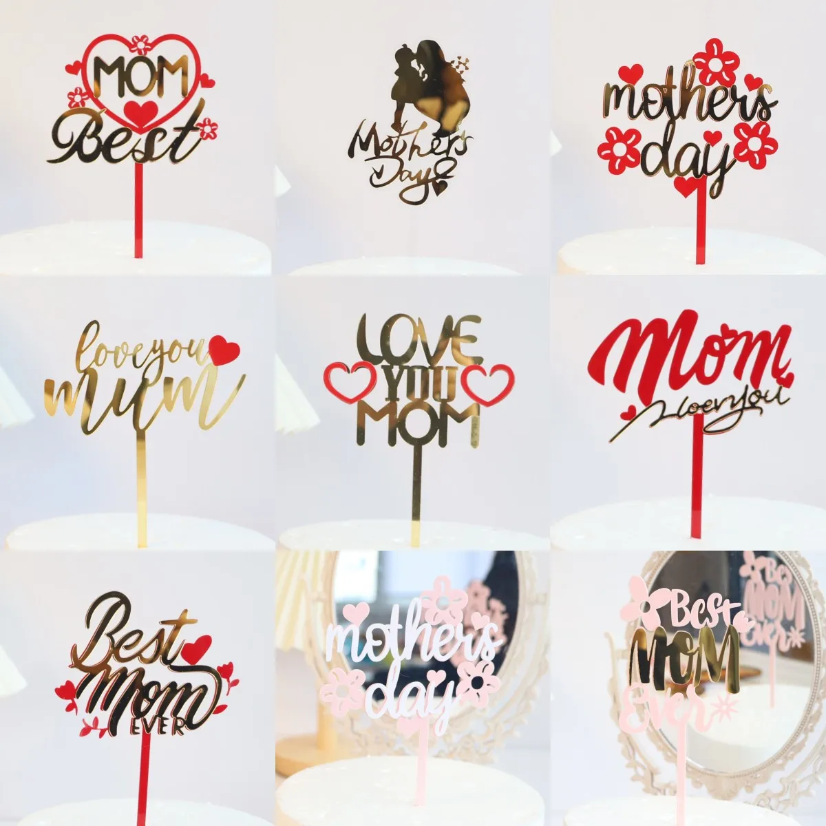 

Best Mom Mother's Day Party Cake Topper Pink Red Love You Mum Acrylic Cake Topper for Mommy Birthday Party Cake Decorations Gift