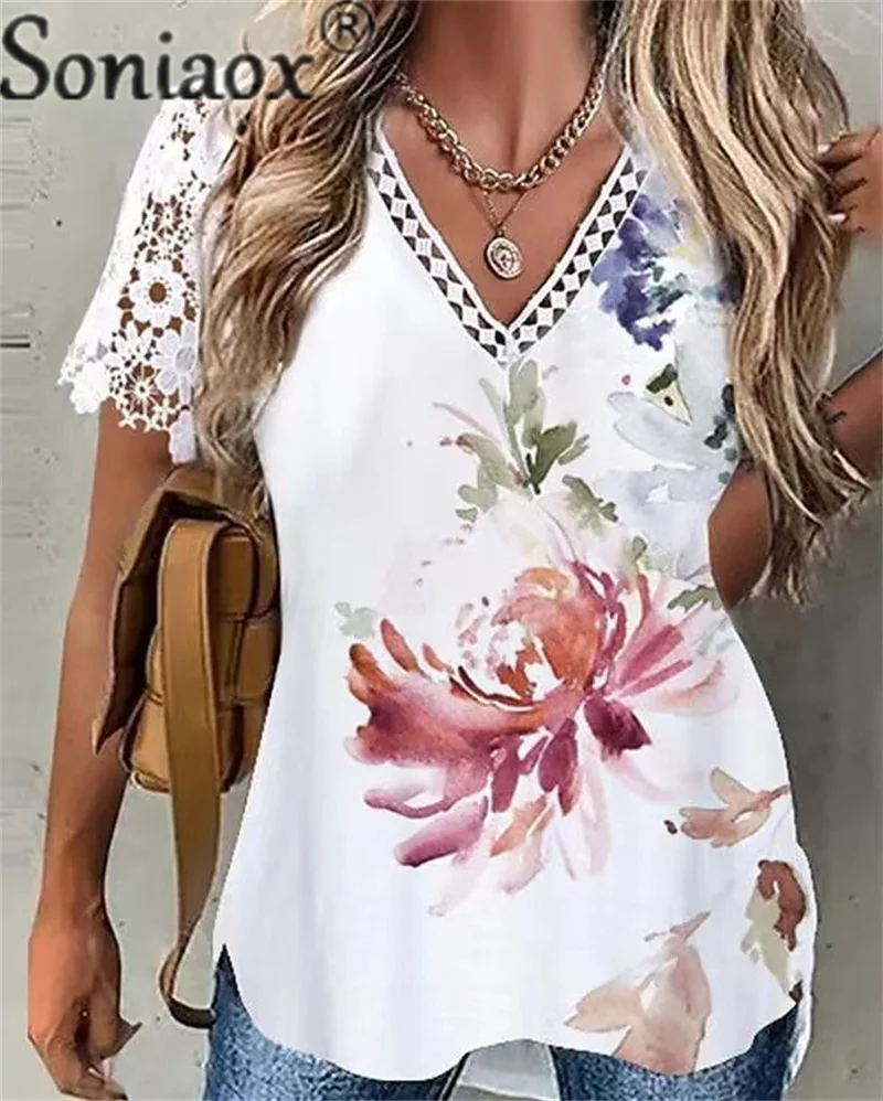 Elegant Lace Short Sleeve V Neck Tees Women Daily Casual Versatile Basic T-Shirt Female Summer Plant Flower Print Pullover Tops
Elegant Lace Short Sleeve V Neck Tees Women Daily Casual Versatile Basic T-Shirt Female Summer Plant Flower Print Pullover Tops