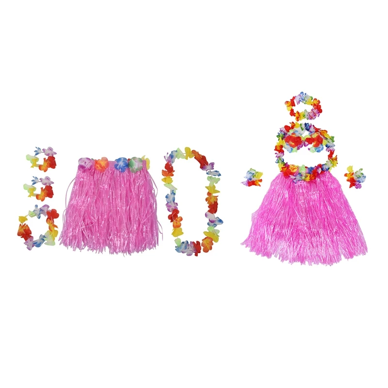 

2 Set Grass Skirt: 1 Set 6 Pcs Hawaiian Grass Skirt Flower Hula Lei Wristband Garland Fancy Dress Costume & 1 Set Pink Children