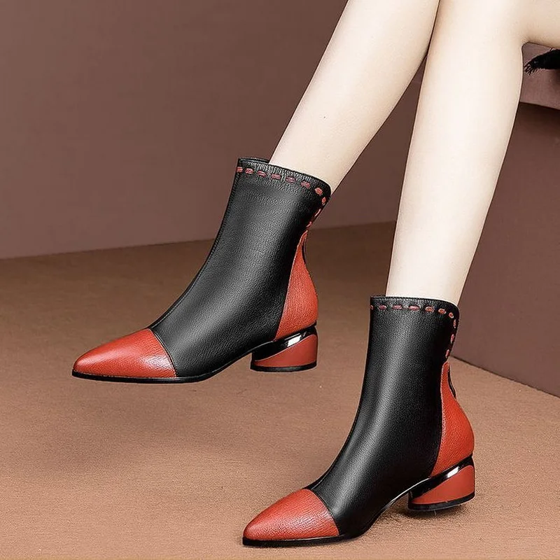 

Женские мягкие кожаные ботильоны FHANCHU 2022, модная зимняя обувь, короткие ботинки на среднем каблуке, с острым носком, на молнии сзади, черного цвета, Прямая поставка