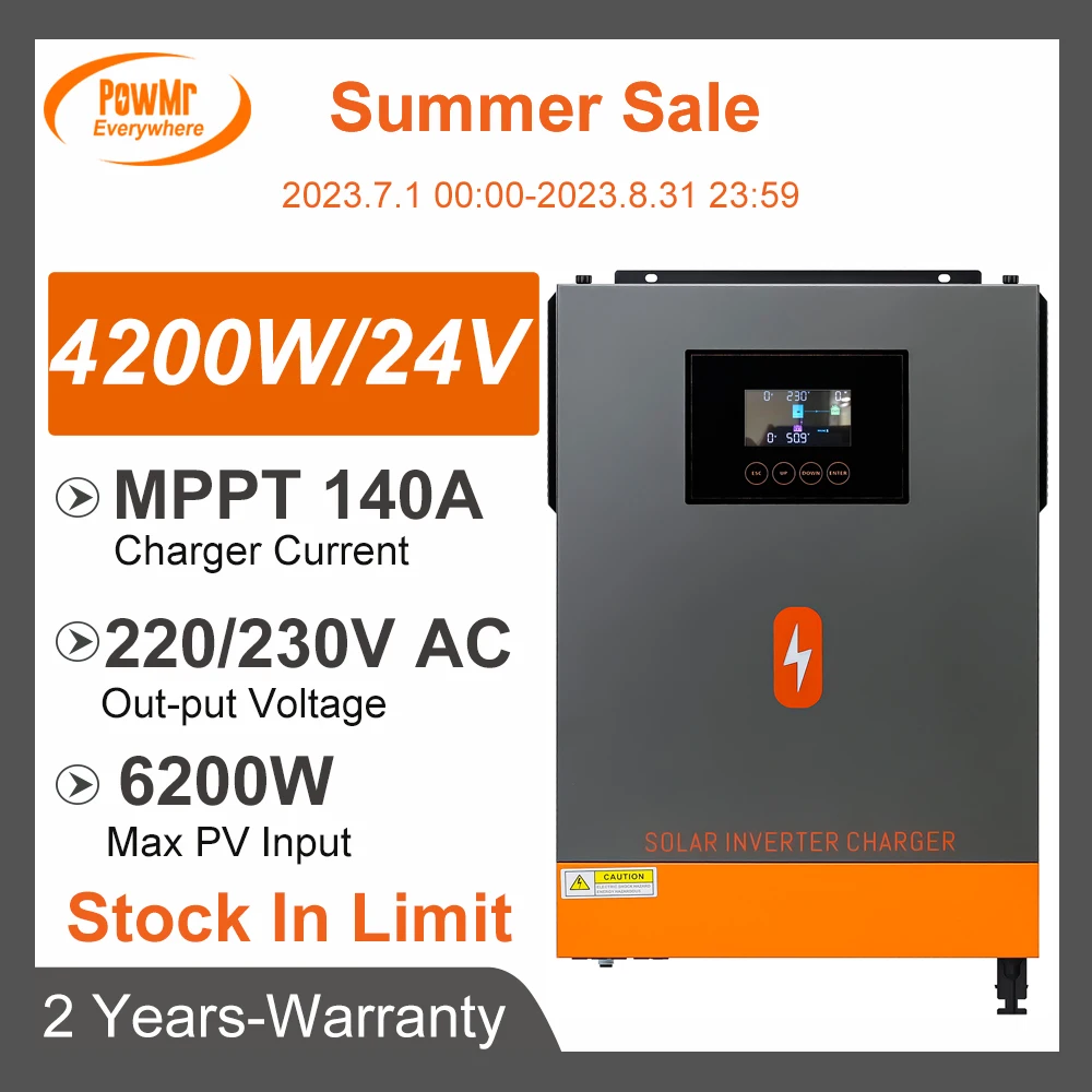 MPPT On-Grid/Off-Grid Solar Inverter 4200W 24V DC with 140A Solar Charger Controller 230V Out-put and Solar Panels Max PV 500VDC
MPPT On-Grid/Off-Grid Solar Inverter 4200W 24V DC with 140A Solar Charger Controller 230V Out-put and Solar Panels Max PV 500VDC