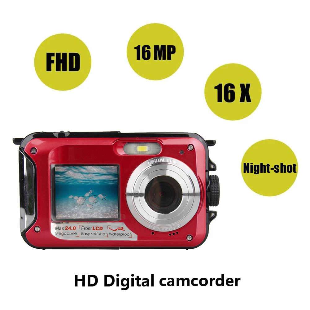 Waterproof Anti-Shake Digital Camera 1080P Full HD 2.4MP Dual Screen Selfie Video Recorder for Swimming Underwater DV Recording
Waterproof Anti-Shake Digital Camera 1080P Full HD 2.4MP Dual Screen Selfie Video Recorder for Swimming Underwater DV Recording