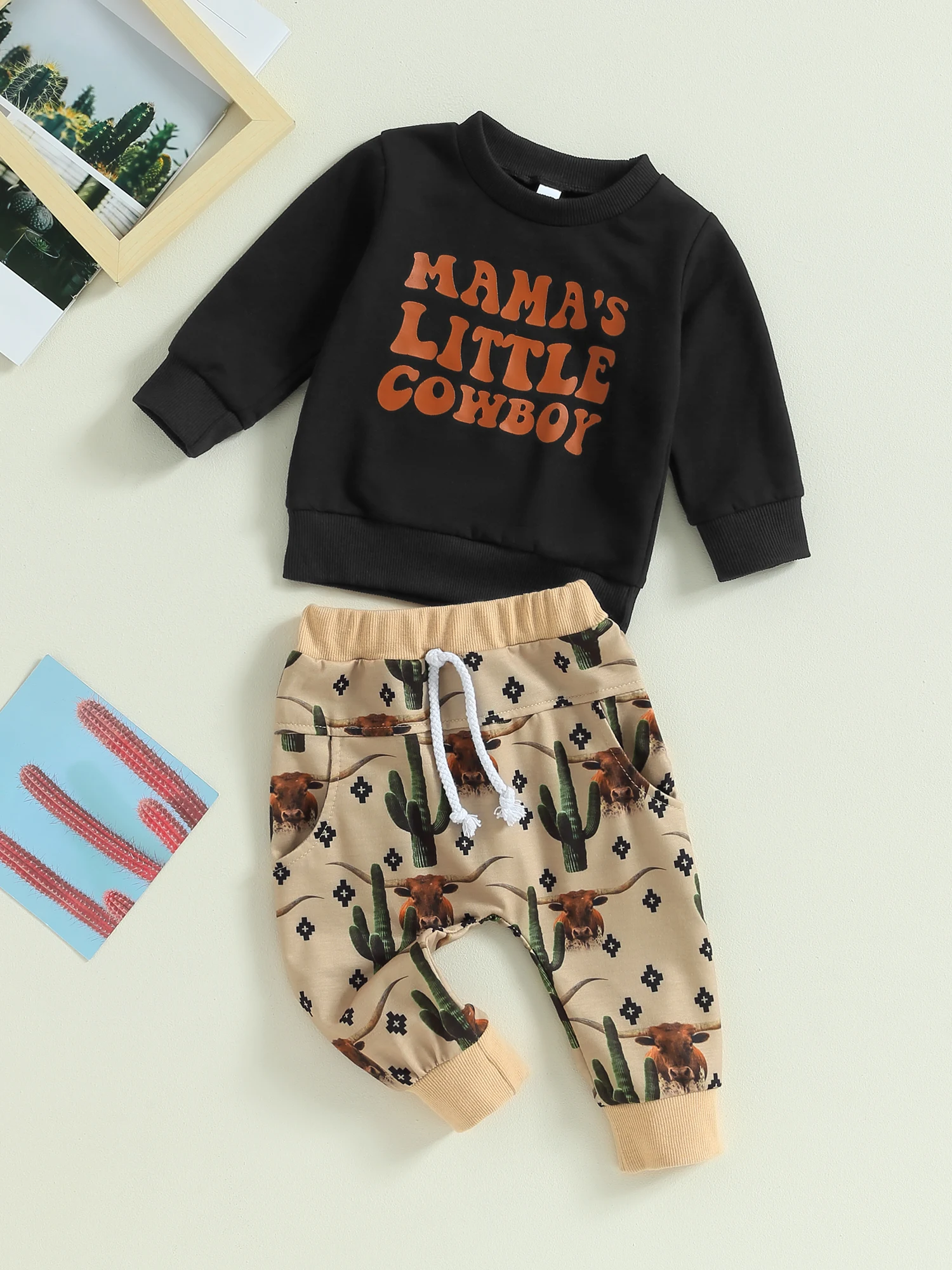 Adorable Western Style Baby Boy Outfit with Cow Print Sweatshirt and Jogger Pants - Perfect for Fall and Winter 
Adorable Western Style Baby Boy Outfit with Cow Print Sweatshirt and Jogger Pants - Perfect for Fall and Winter