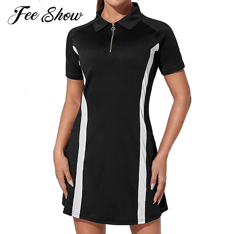 Womens Zipper Turn-Down Collar Tennis Dress Golf Workout Sportswear Color Block Striped Short Sleeve Sport Dresses with Pocket
Womens Zipper Turn-Down Collar Tennis Dress Golf Workout Sportswear Color Block Striped Short Sleeve Sport Dresses with Pocket