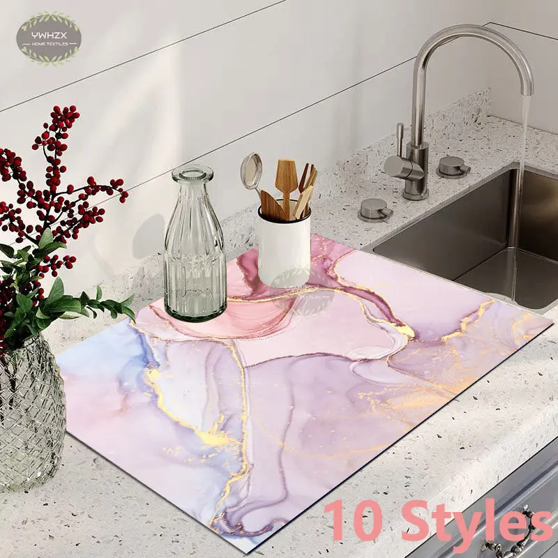 

Pink Marble Drain Pad Dinnerware Placemat Napa Skin Bath Rug Dish Drying Mat Anti-mold Absorbent Kitchen Decorative Accessories