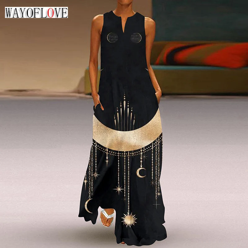 WAYOFLOVE Ladies Spring Summer Black Long Dress Sleeveless V-neck Loose Print Party Dresses Casual Elegant Boho Maxi Dress Women
WAYOFLOVE Ladies Spring Summer Black Long Dress Sleeveless V-neck Loose Print Party Dresses Casual Elegant Boho Maxi Dress Women