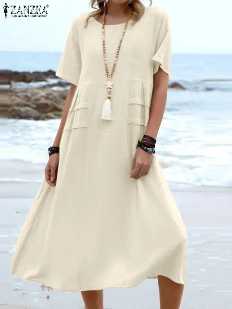 

Платье женское хлопковое средней длины, повседневный легкий пляжный сарафан в винтажном стиле, с круглым вырезом и коротким рукавом, праздничный, лето 2023