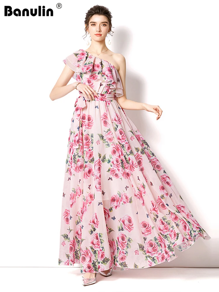 

Женское шифоновое платье в стиле бохо, длинное платье с открытыми плечами, косым воротником, цветочным принтом, оборками и поясом на одно плечо, праздничное платье